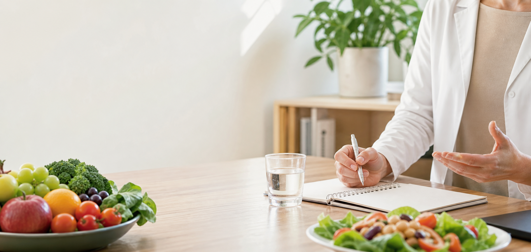 A bright nutrition consultation table with colorful foods, notes, and water.